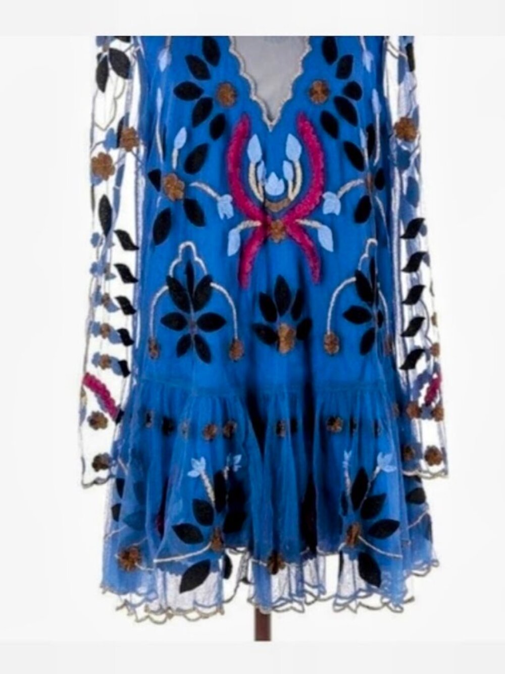 Free People Hearts Are Wild Embroidered Mesh Mini Dress Long Sleeve Boho Size S - Picture 3 of 4
